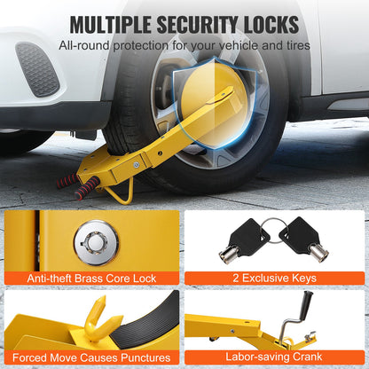 Yellow vehicle security lock with car tyre and key details on a gray background