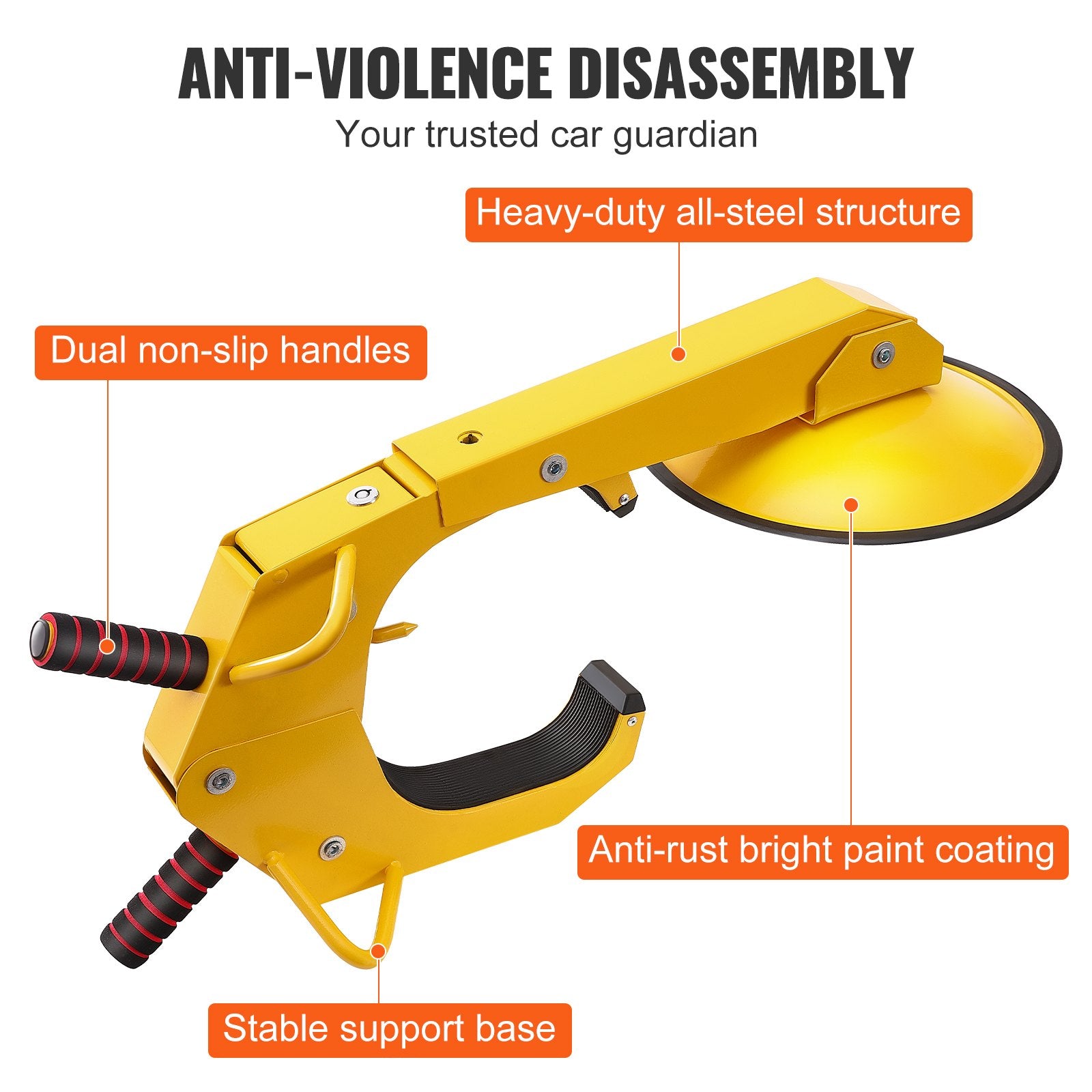 Yellow wheel clamp with features highlighted on a white background