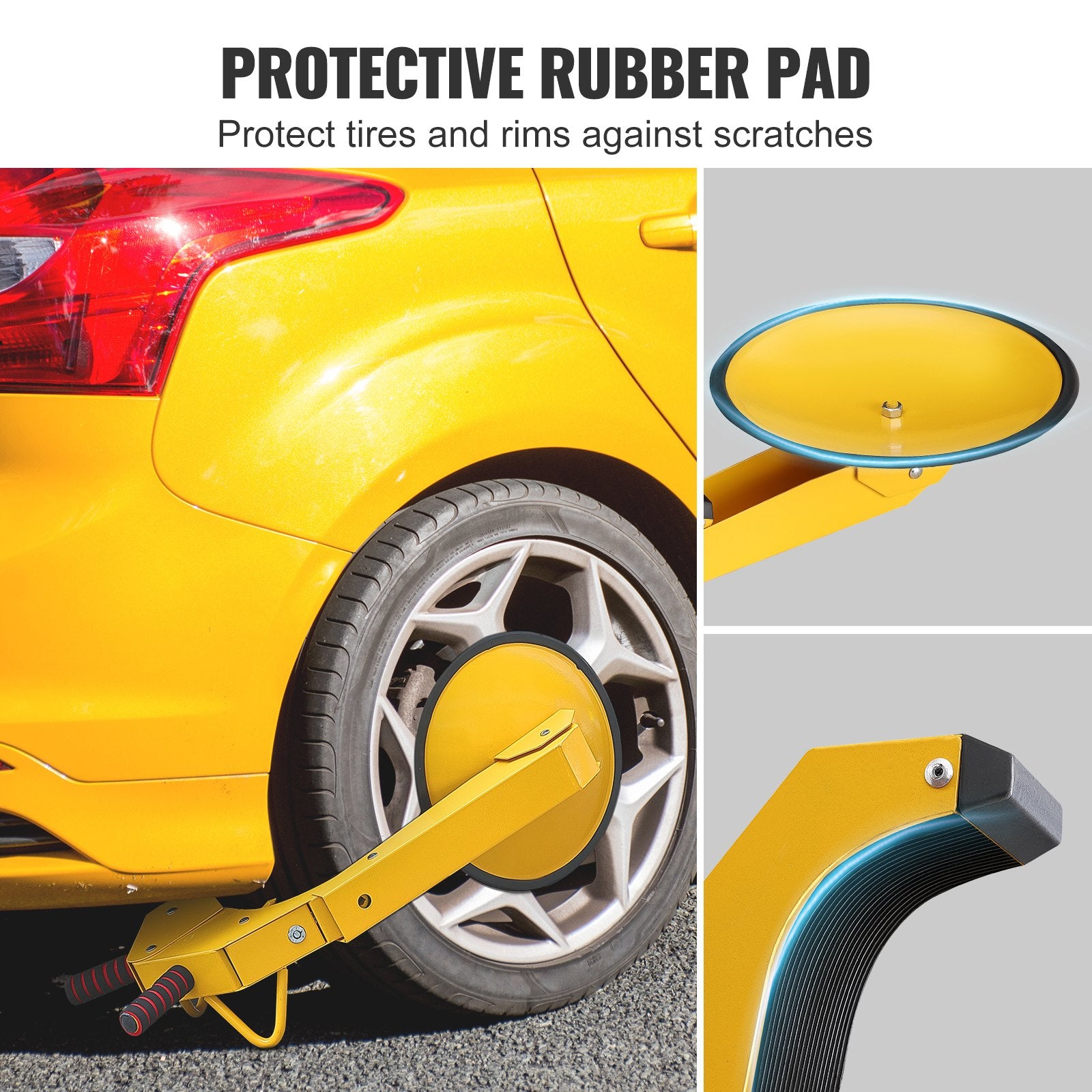 Yellow car wheel clamp with protective rubber pad on a gray background