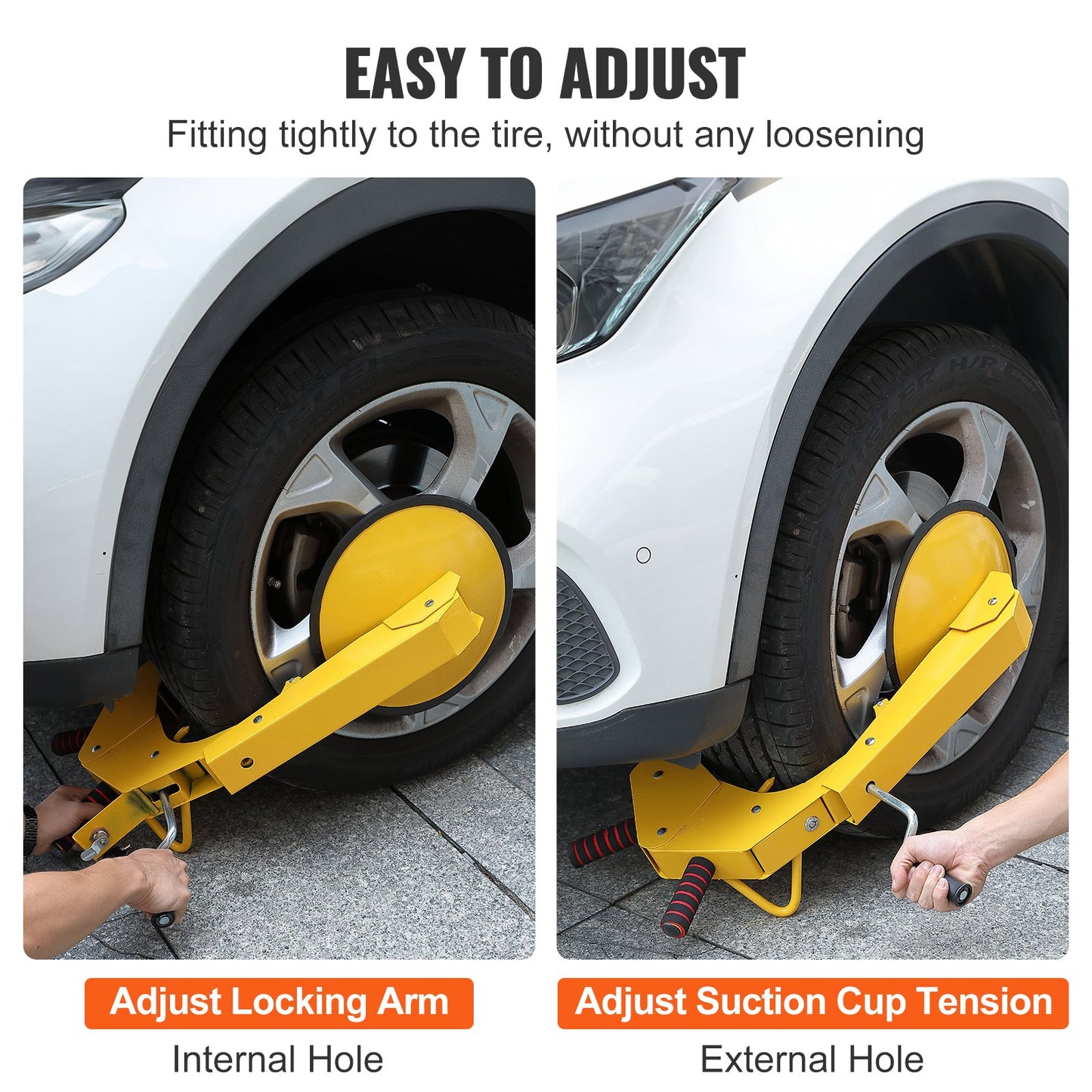 Yellow car tyre wheel clamp with text on adjusting features, used on a white car.