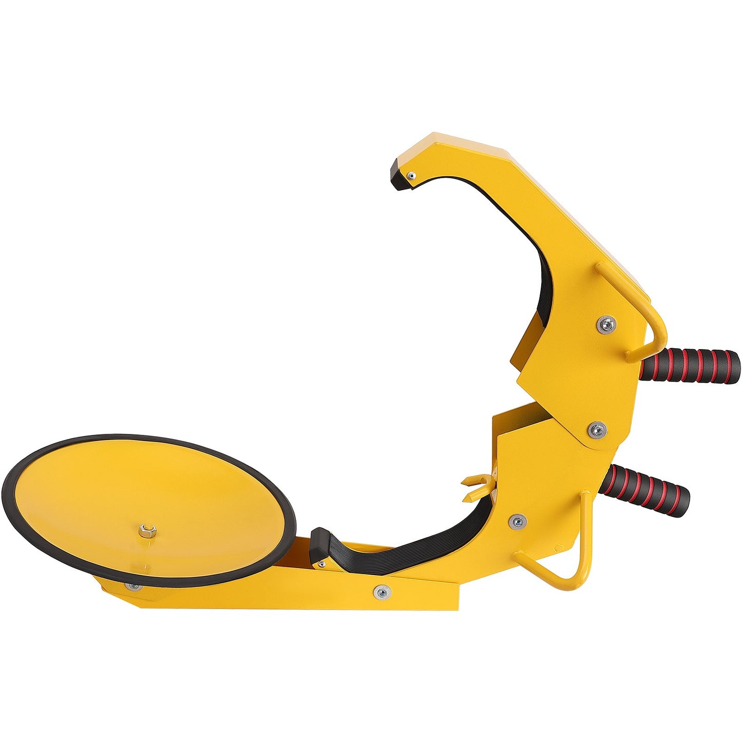 Yellow wheel clamp with black accents on a white background